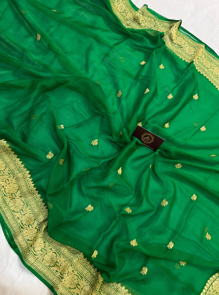 Green Khaddi Chiffon Banarasi Handloom Saree - Aura Benaras