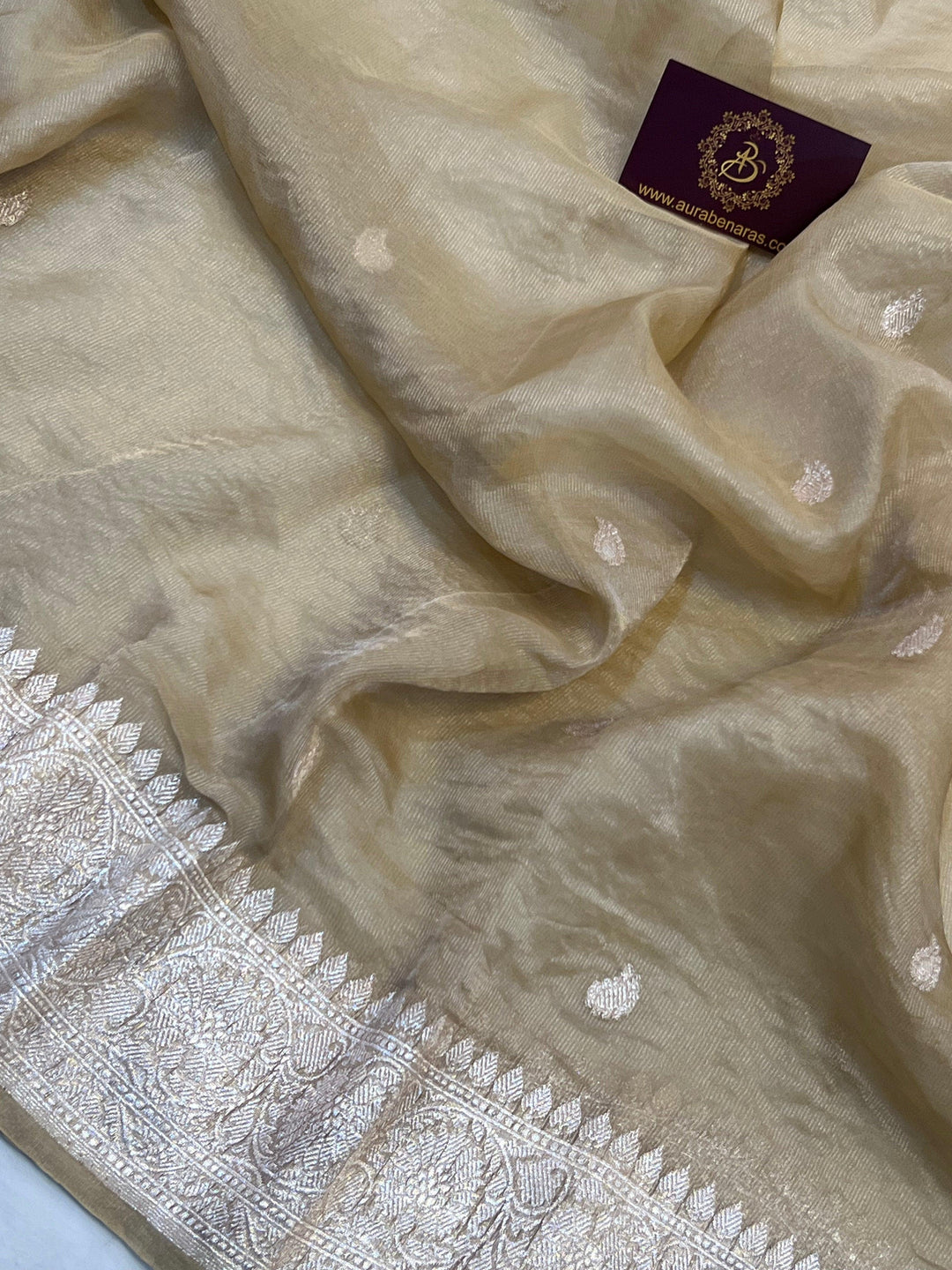 Pure Banarasi crush tissue silk saree with Kadhwa butis and silver zari border
