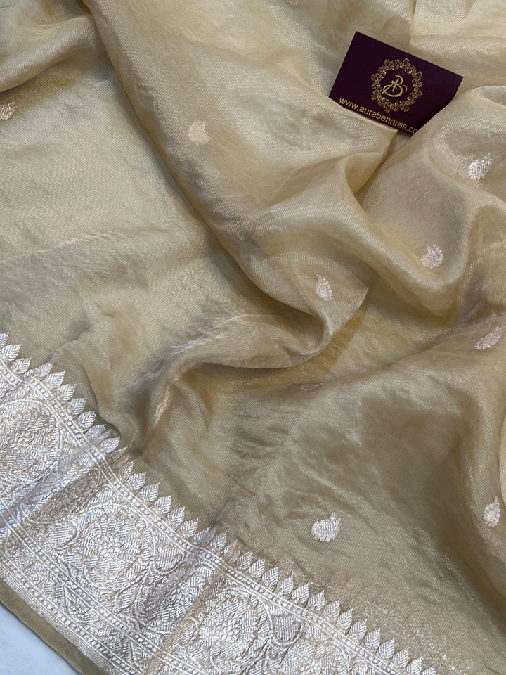 Pure Banarasi crush tissue silk saree with Kadhwa butis and silver zari border
