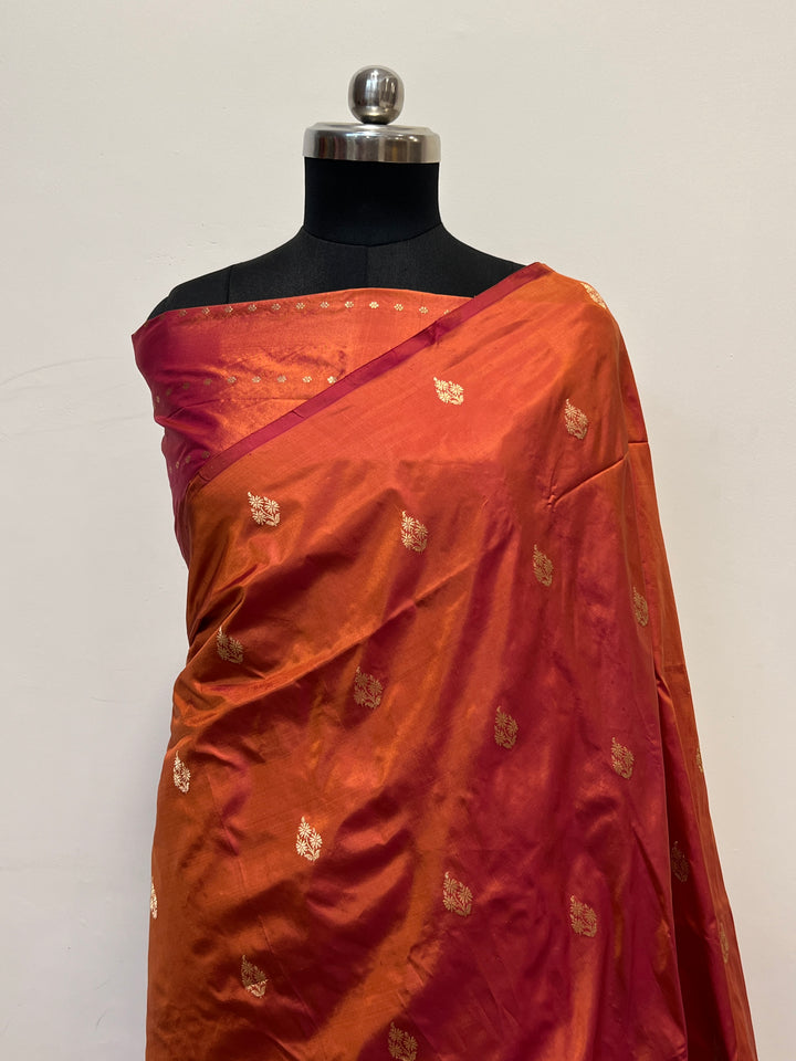 Rust Orange  Pure Katan Silk Banarasi Saree with Kadhwa Zari Buta