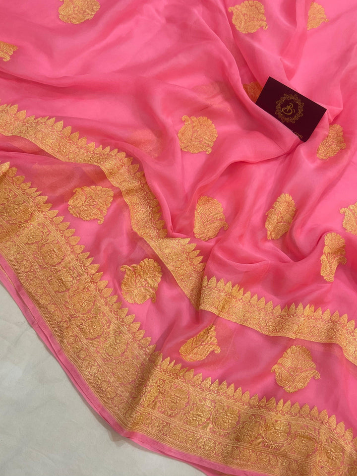 Baby Pink Khaddi Chiffon Banarasi Handloom Saree - Aura Benaras