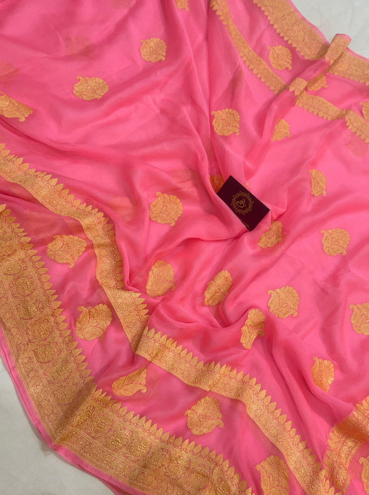 Baby Pink Khaddi Chiffon Banarasi Handloom Saree - Aura Benaras