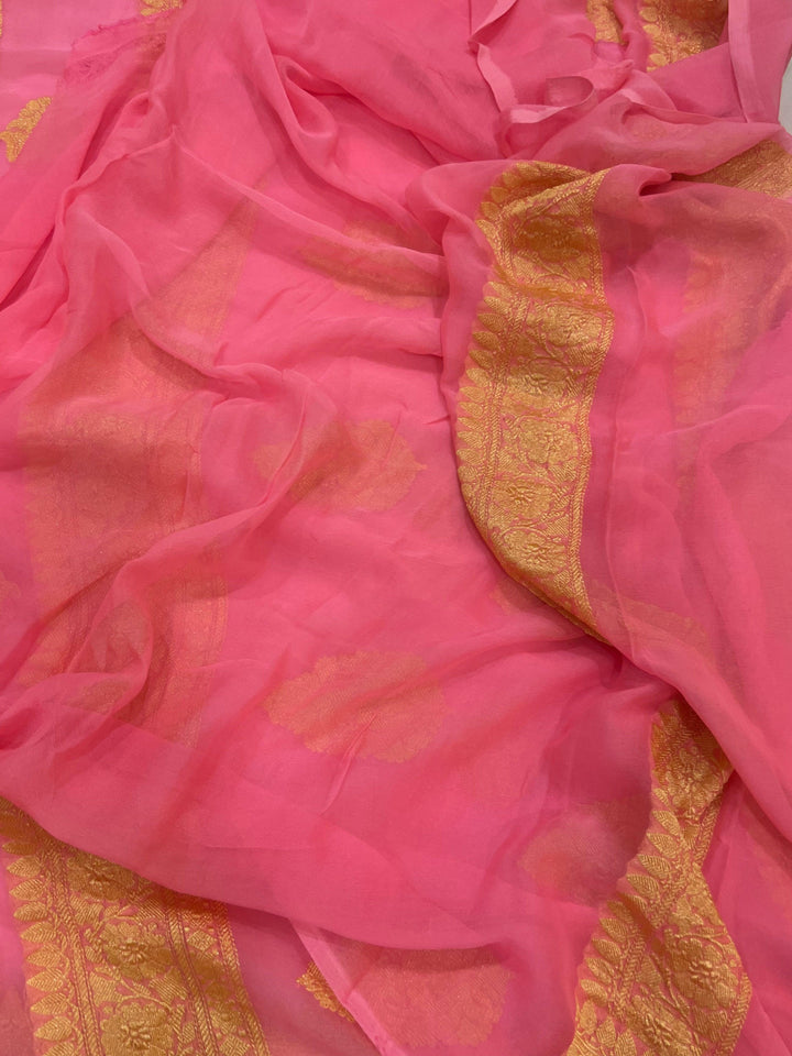 Baby Pink Khaddi Chiffon Banarasi Handloom Saree - Aura Benaras
