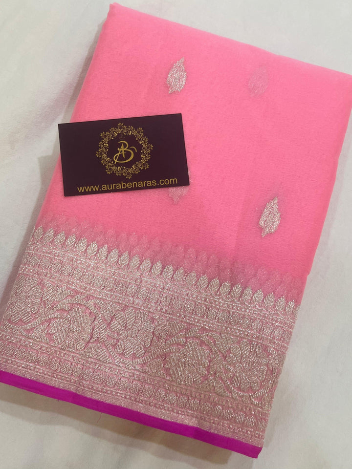 Baby Pink Khaddi Chiffon Banarasi Handloom Saree - Aura Benaras