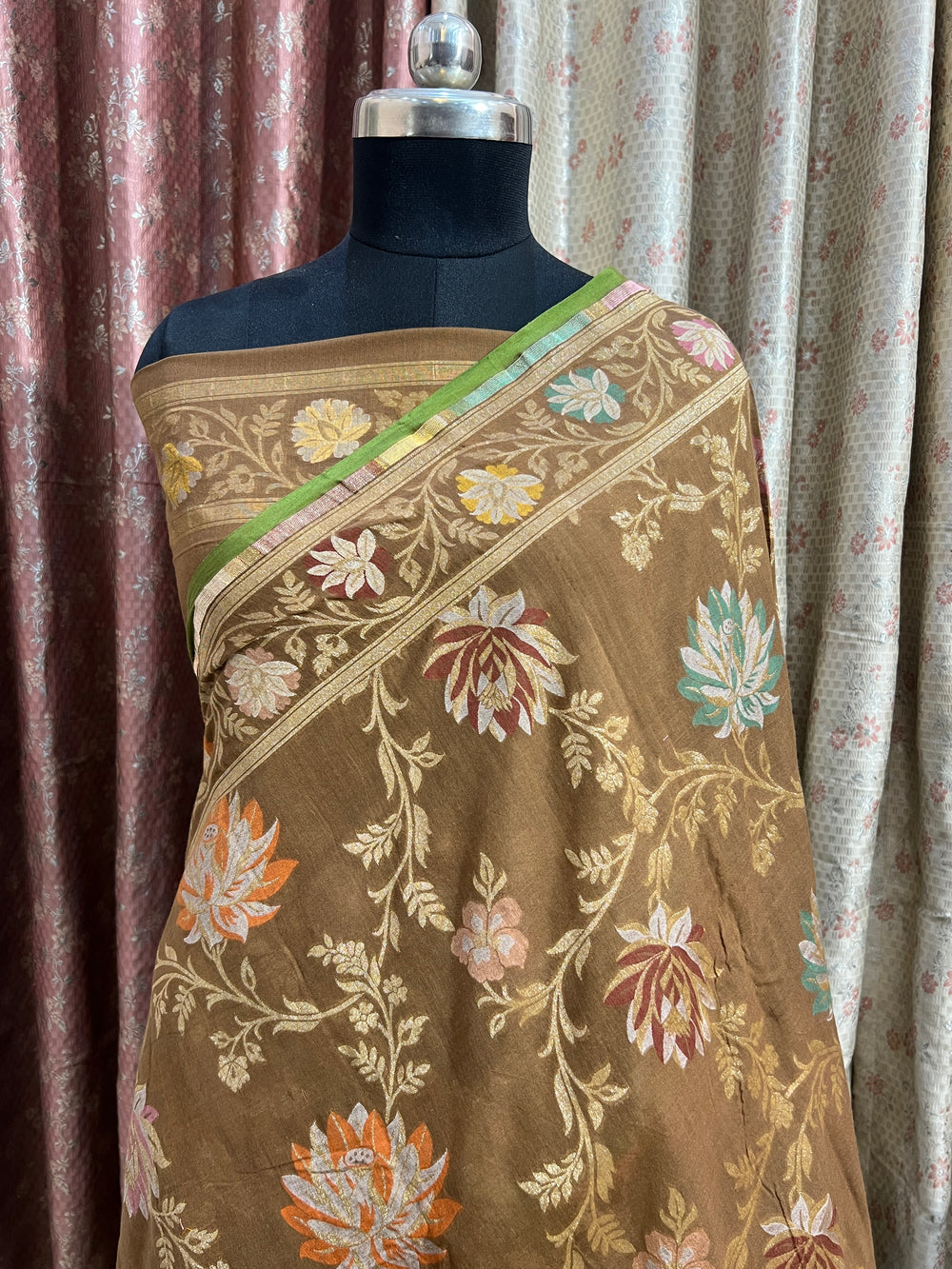 Golden Brown Cotton Silk Jamdani Saree with Meenakari Handloom Weave