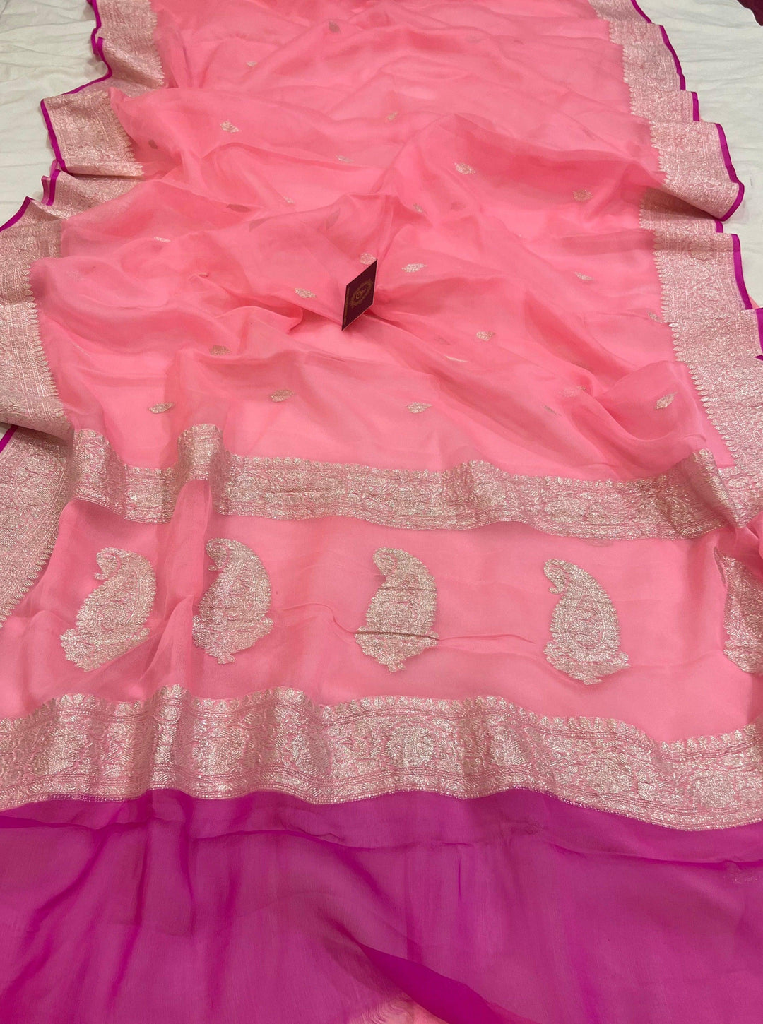 Baby Pink Khaddi Chiffon Banarasi Handloom Saree - Aura Benaras
