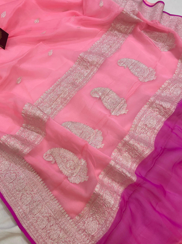 Baby Pink Khaddi Chiffon Banarasi Handloom Saree - Aura Benaras