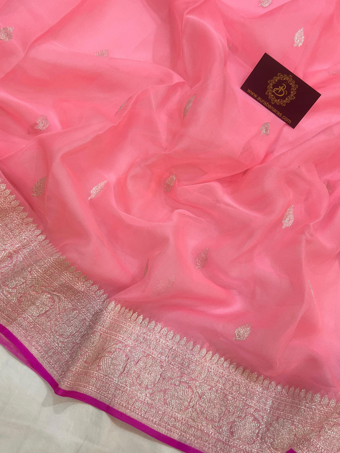 Baby Pink Khaddi Chiffon Banarasi Handloom Saree - Aura Benaras