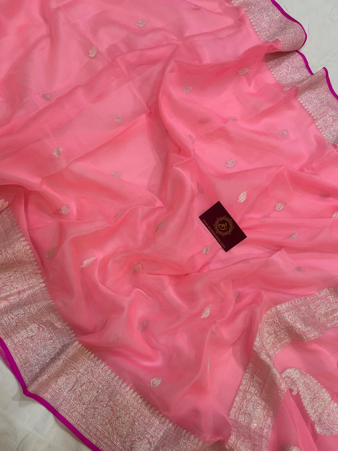 Baby Pink Khaddi Chiffon Banarasi Handloom Saree - Aura Benaras