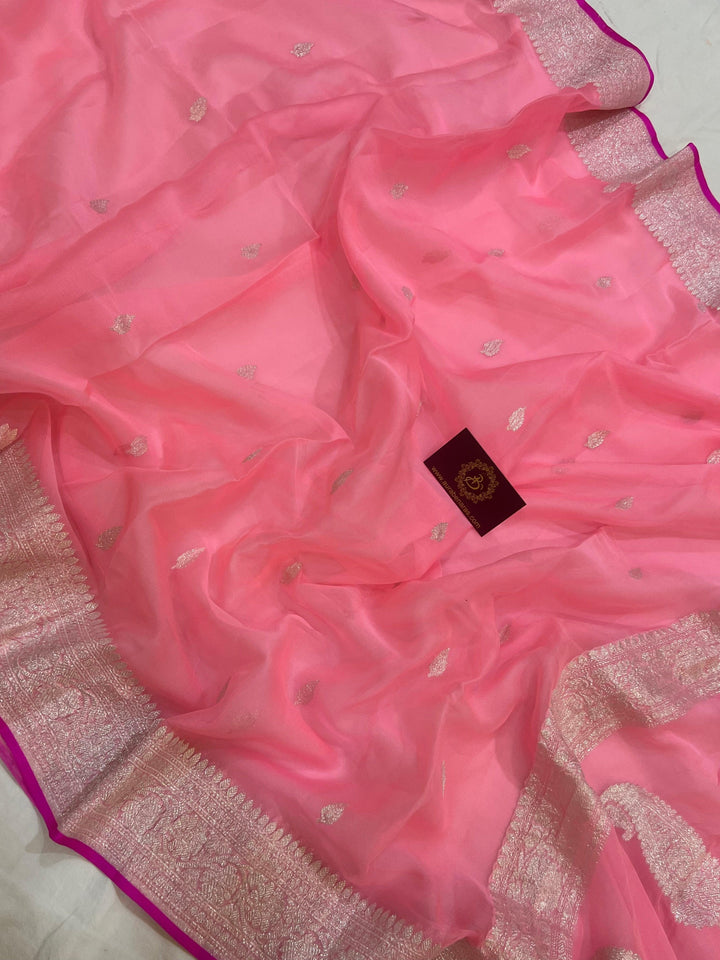 Baby Pink Khaddi Chiffon Banarasi Handloom Saree - Aura Benaras