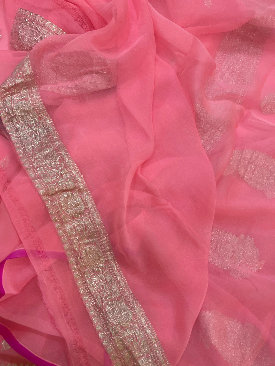 Baby Pink Khaddi Chiffon Banarasi Handloom Saree - Aura Benaras