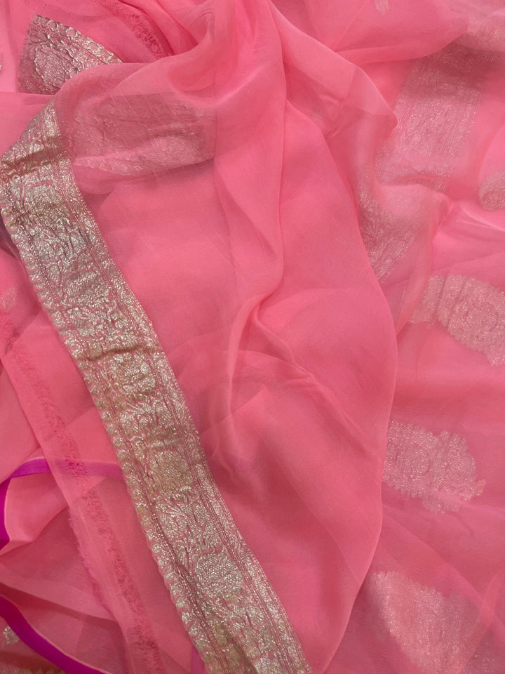 Baby Pink Khaddi Chiffon Banarasi Handloom Saree - Aura Benaras