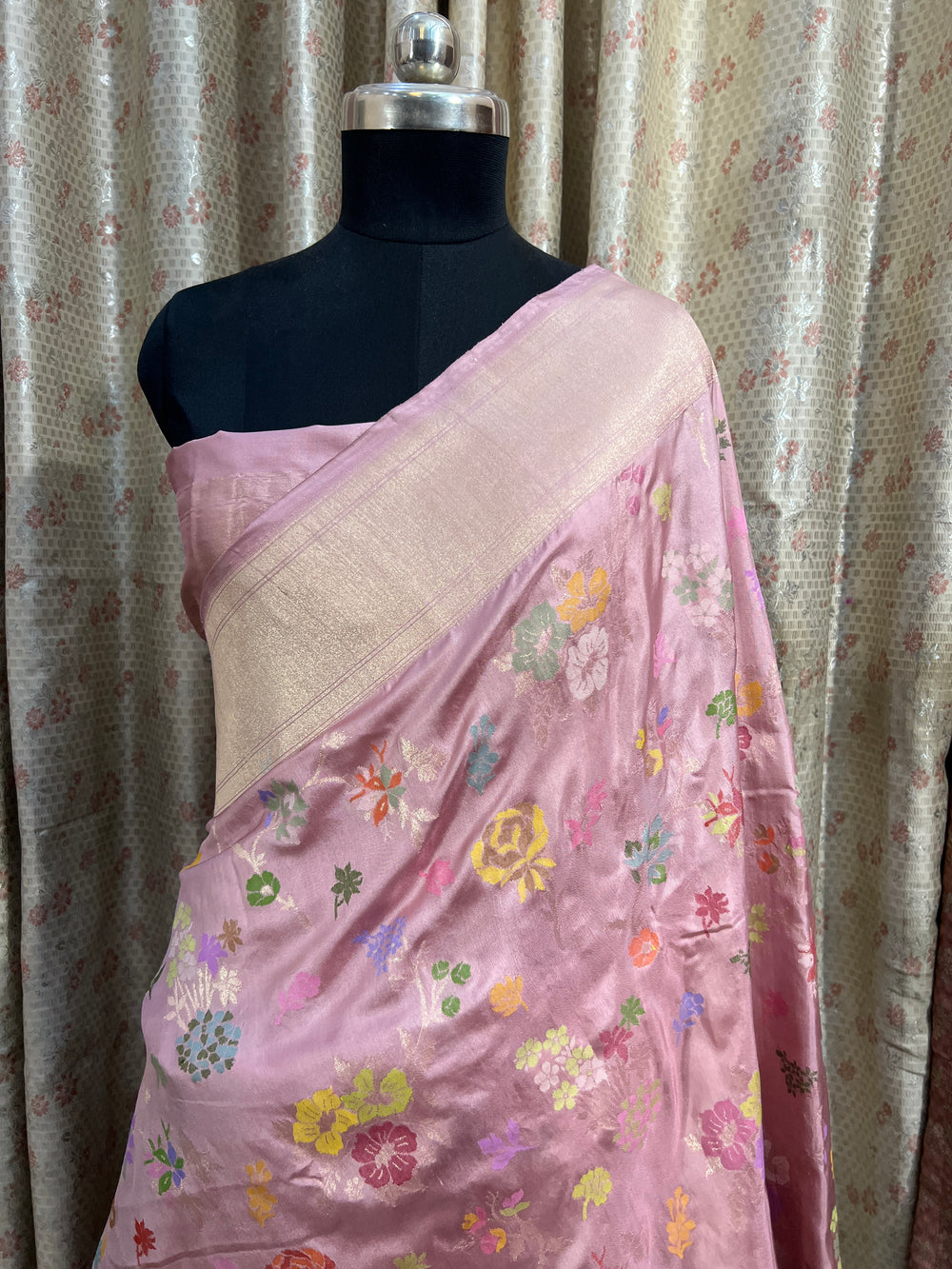Mauve Pink Pure Katan Silk Banarasi Saree with Meenakari Jaal Design