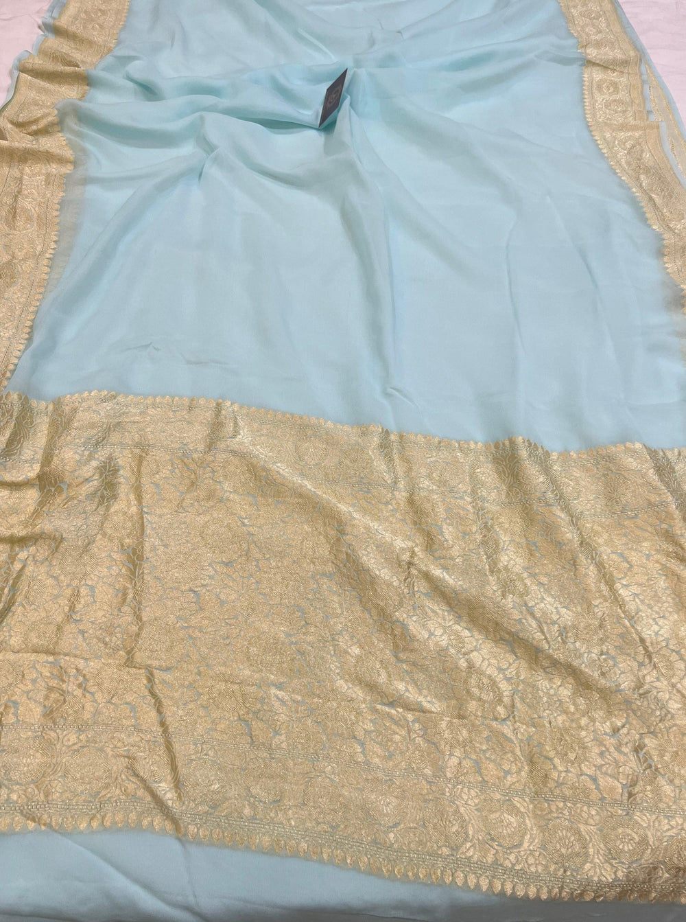 Pale Blue Pure Banarasi Handloom Khaddi Georgette Saree - Aura Benaras
