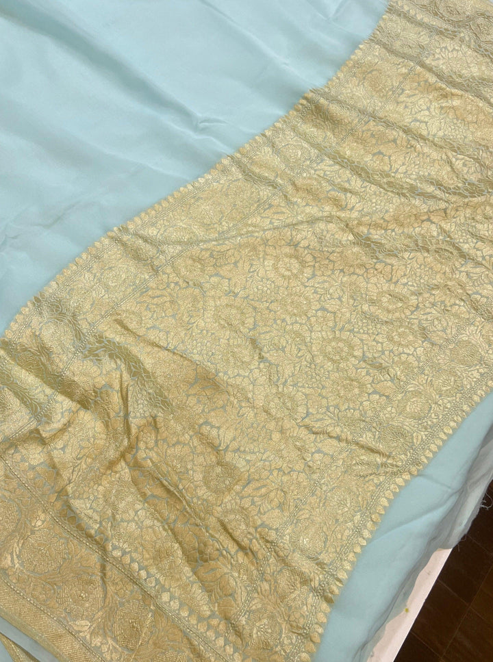 Pale Blue Pure Banarasi Handloom Khaddi Georgette Saree - Aura Benaras