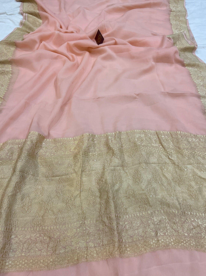 Pale Pink Pure Banarasi Handloom Khaddi Georgette Saree - Aura Benaras