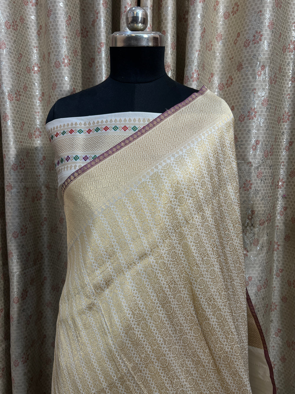 Off White Katan Silk Saree with Kadhwa Meenakari Buti & Border