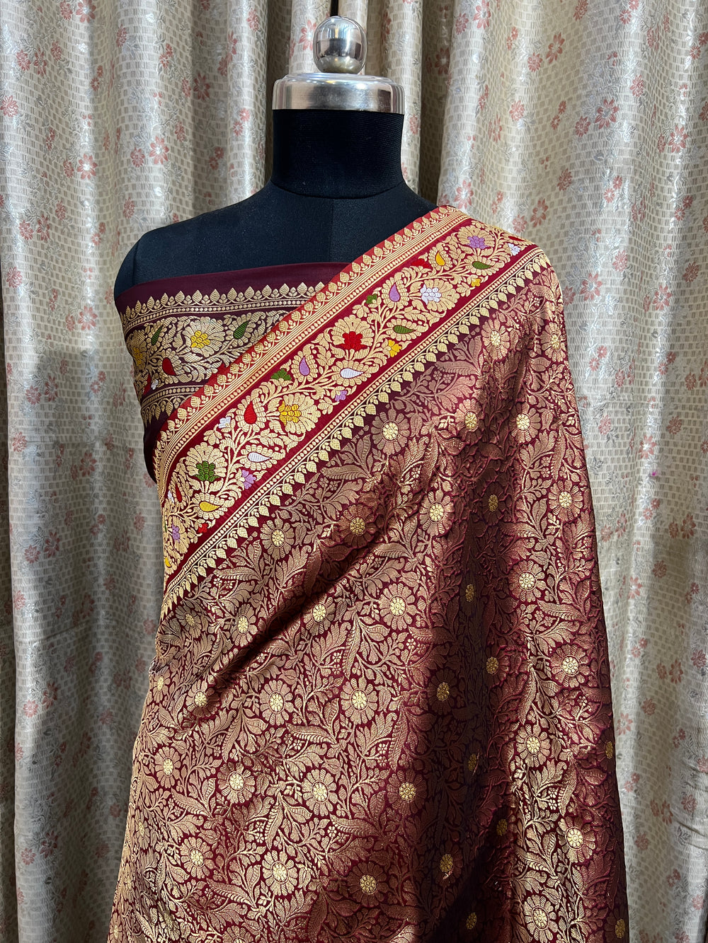 Wine Katan Silk Saree with Kadhwa Meenakari Buti & Border