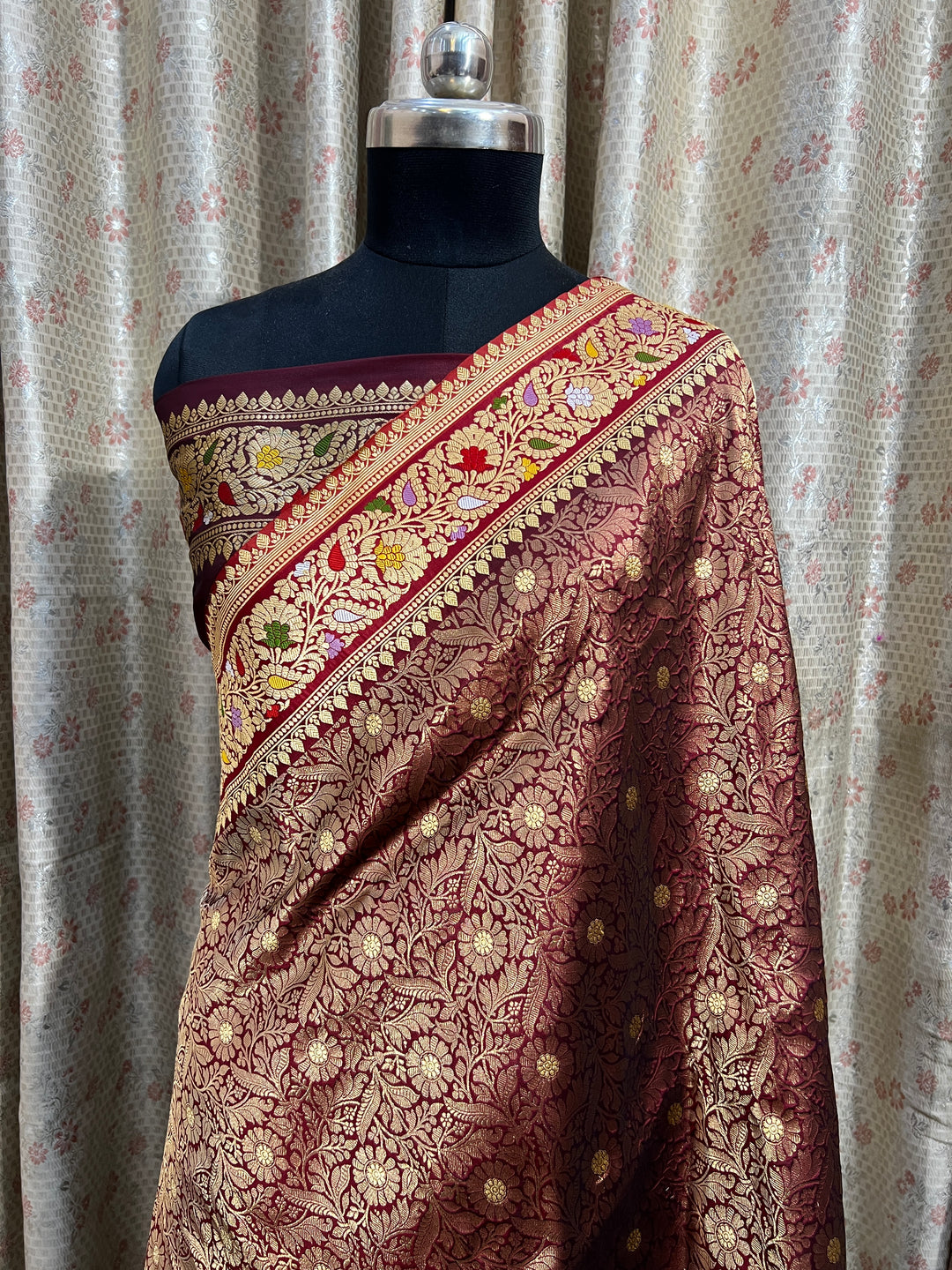 Wine Katan Silk Saree with Kadhwa Meenakari Buti & Border