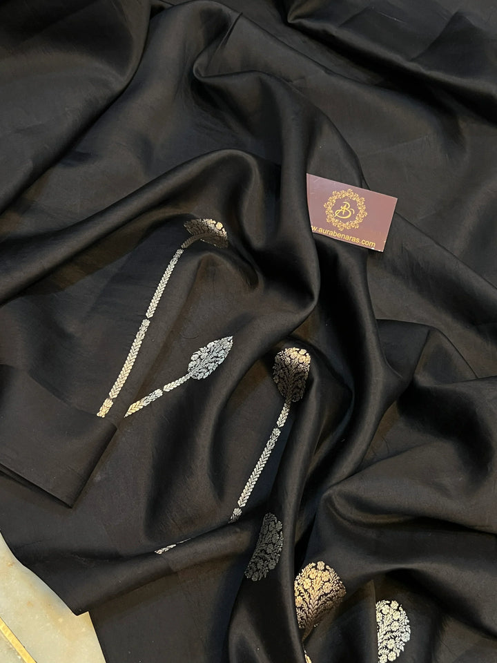 Black Pure Silk Banarasi Plain Saree with Kadhwa Sona Rupa Design 