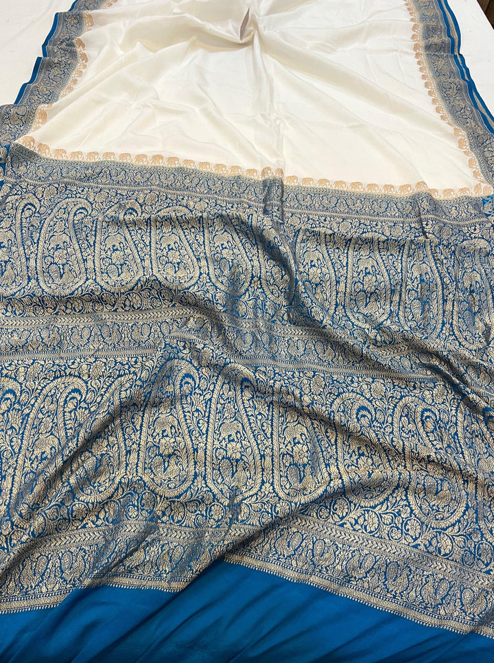 Off White Pure Banarasi Khaddi Crepe Silk Saree - Aura Benaras