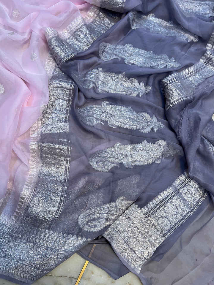 Pale Pink Pure Banarasi Khaddi Chiffon Saree – Aura Benaras