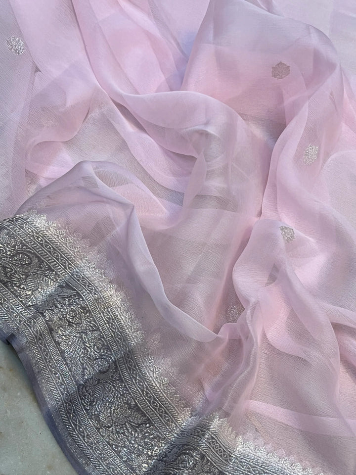 Pale Pink Pure Banarasi Khaddi Chiffon Saree – Aura Benaras