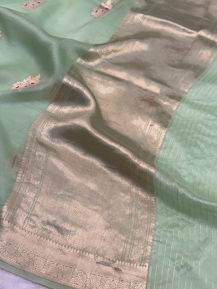 Pista Green Pure Kora Silk Handloom Banarasi Saree