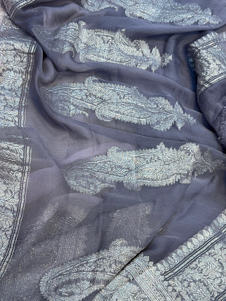 Pale Pink Pure Banarasi Khaddi Chiffon Saree – Aura Benaras