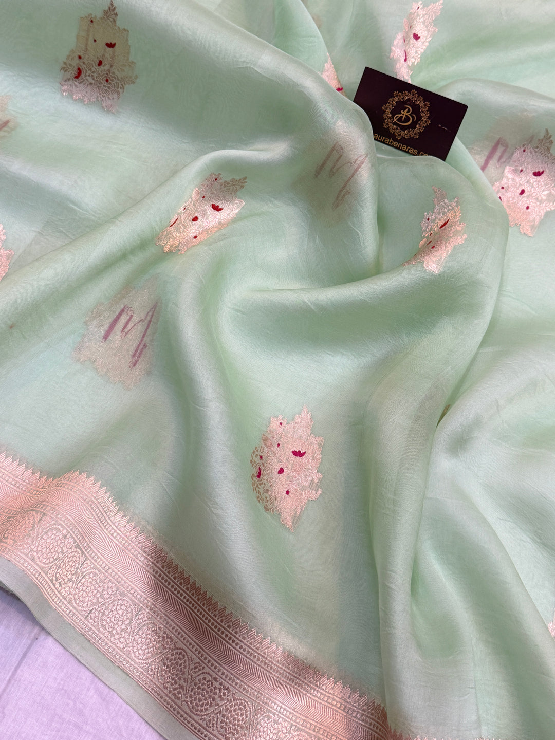 Pista Green Pure Kora Silk Handloom Banarasi Saree
