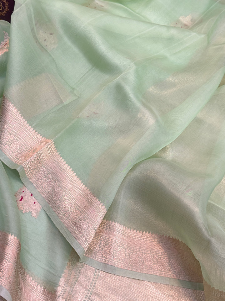 Pista Green Pure Kora Silk Handloom Banarasi Saree