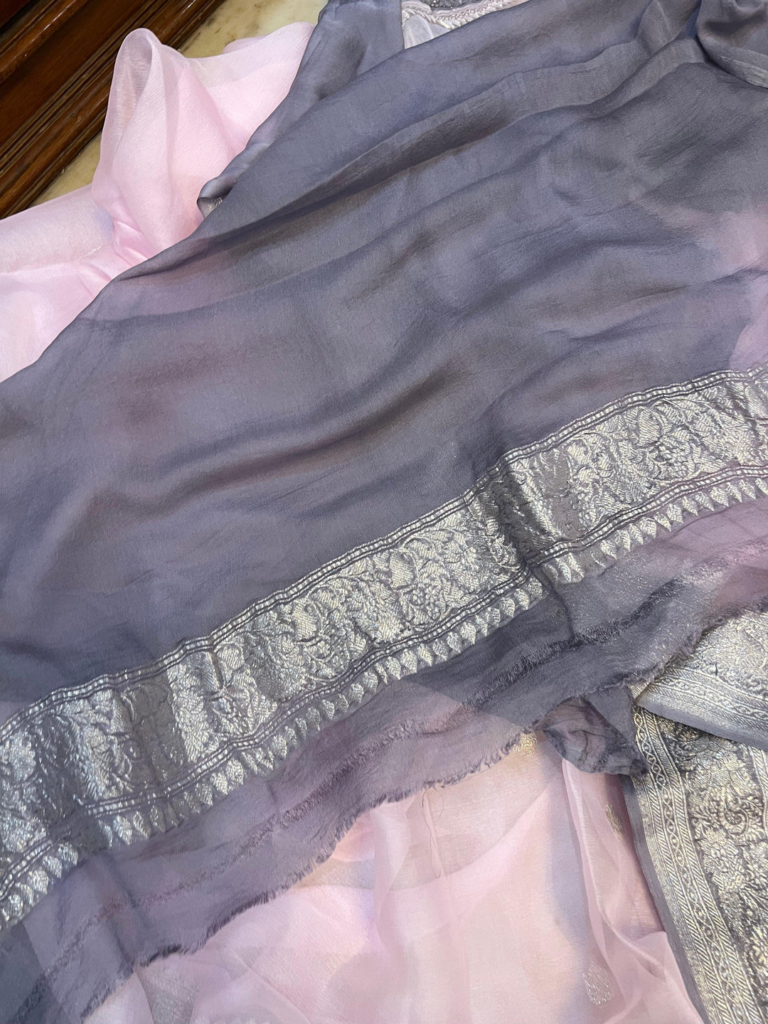 Pale Pink Pure Banarasi Khaddi Chiffon Saree – Aura Benaras