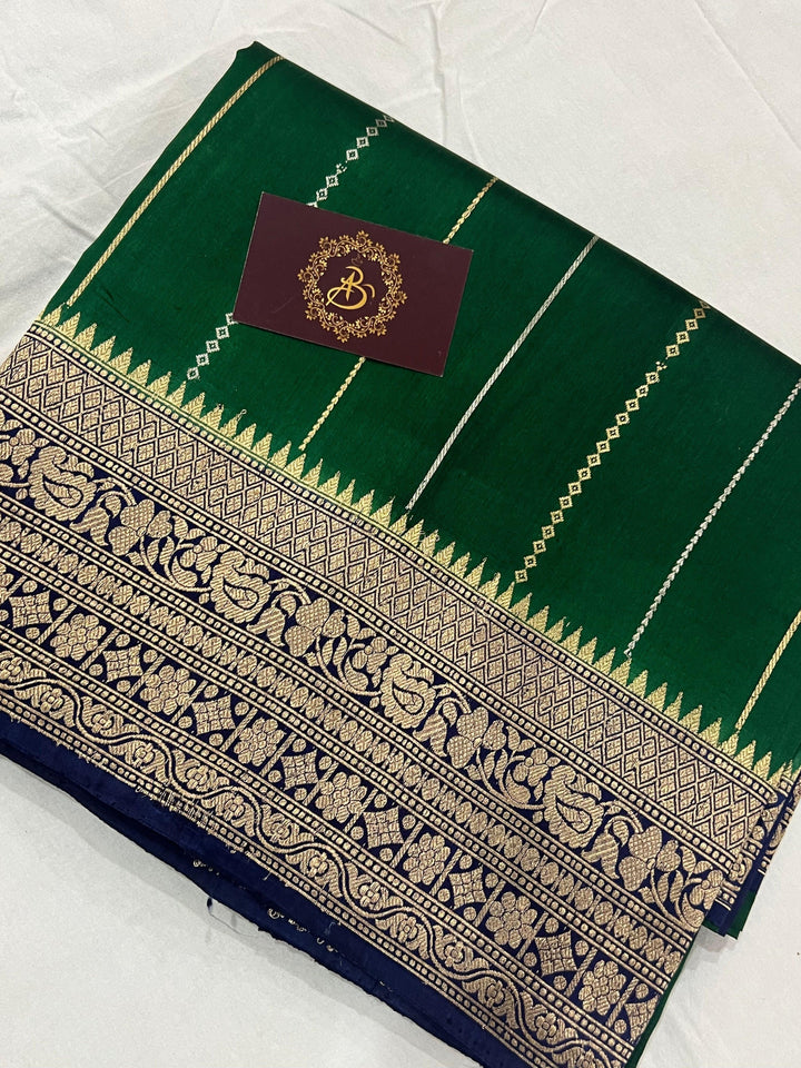 Bottle Green Pure Banarasi Handloom Silk Saree - Aura Benaras
