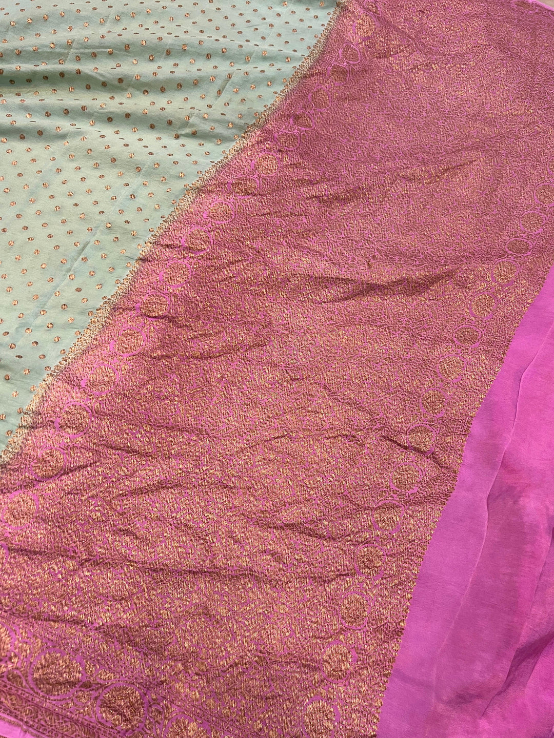 Pastel Greyish Green Pure Banarasi Khaddi Crepe Silk Saree - Aura Benaras