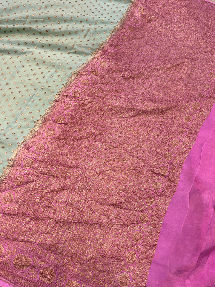 Pastel Greyish Green Pure Banarasi Khaddi Crepe Silk Saree - Aura Benaras