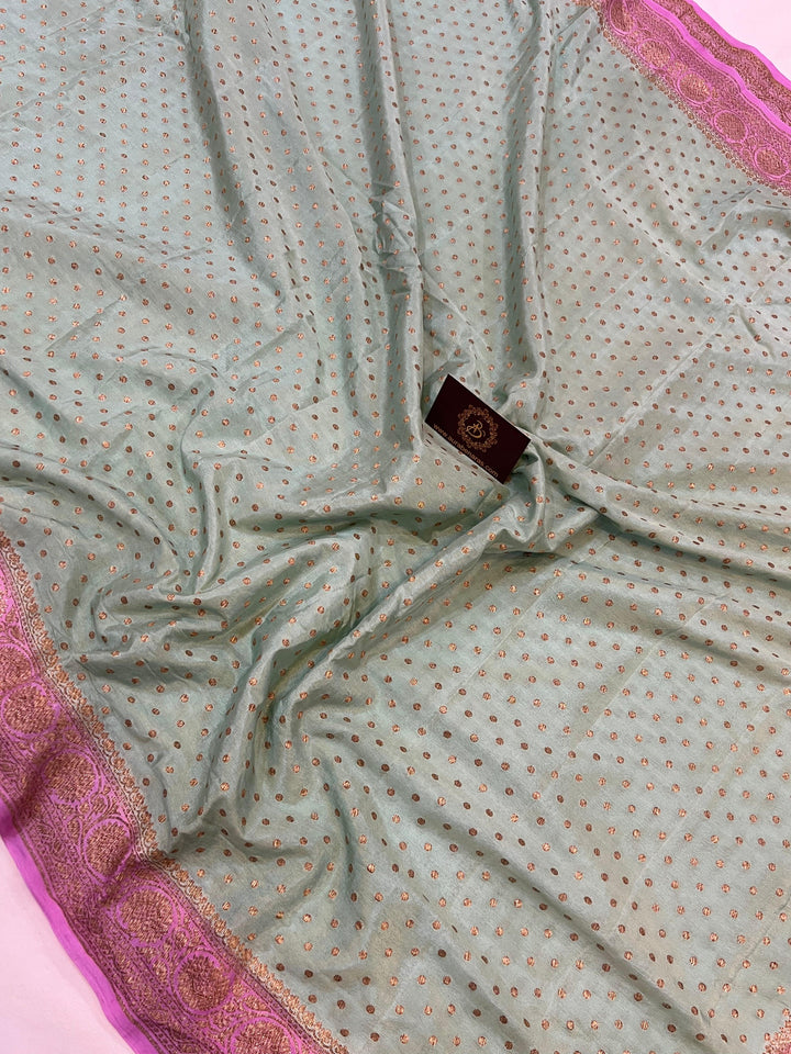 Pastel Greyish Green Pure Banarasi Khaddi Crepe Silk Saree - Aura Benaras