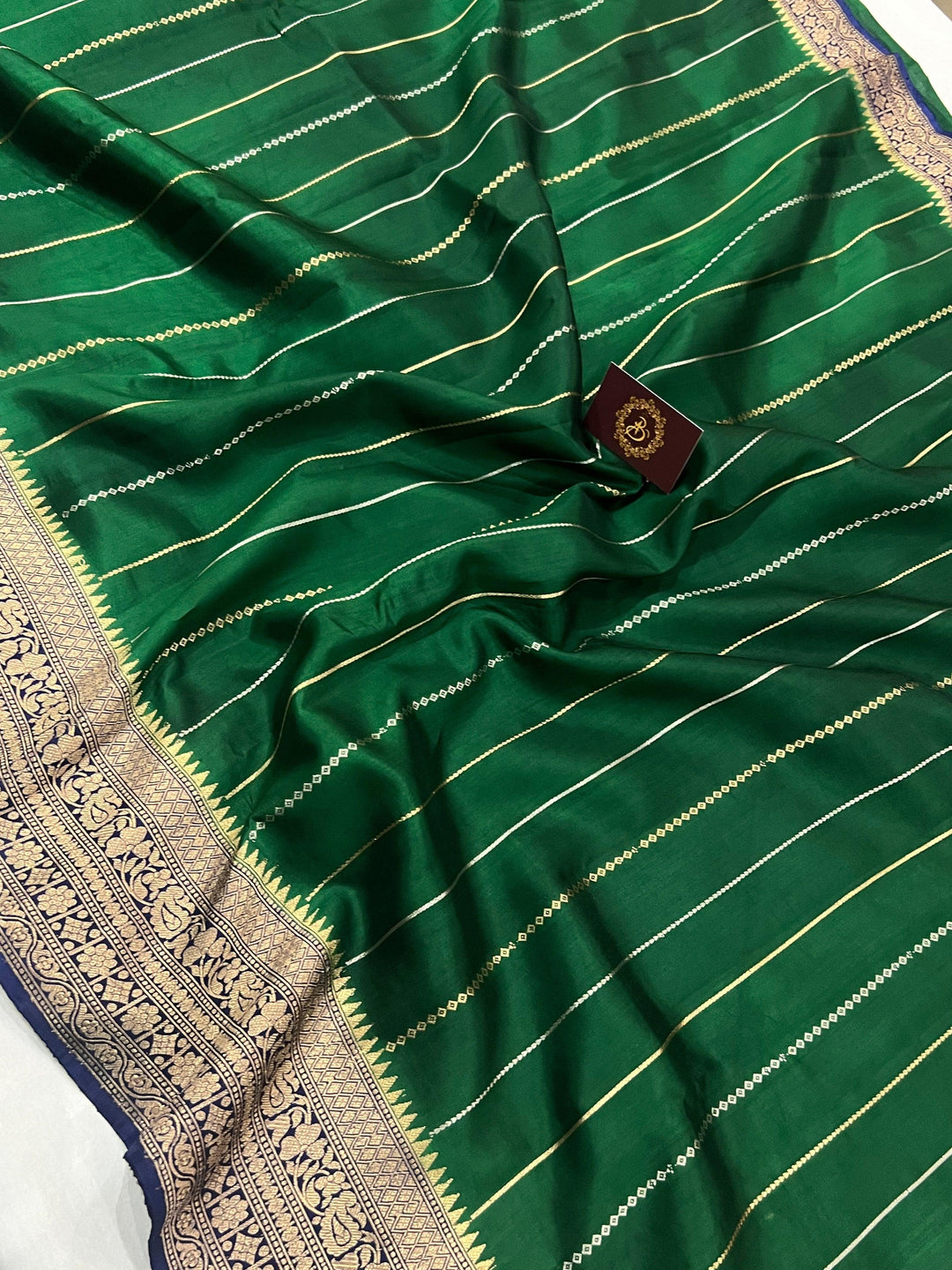 Bottle Green Pure Banarasi Handloom Silk Saree - Aura Benaras
