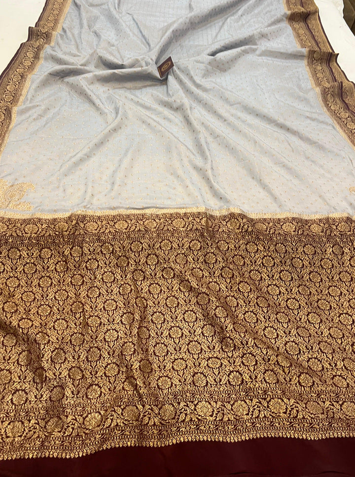 Grey Pure Banarasi Khaddi Crepe Silk Saree - Aura Benaras