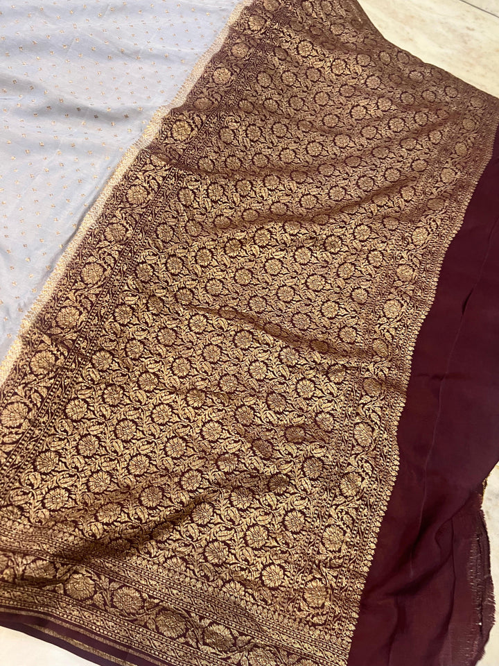 Grey Pure Banarasi Khaddi Crepe Silk Saree - Aura Benaras