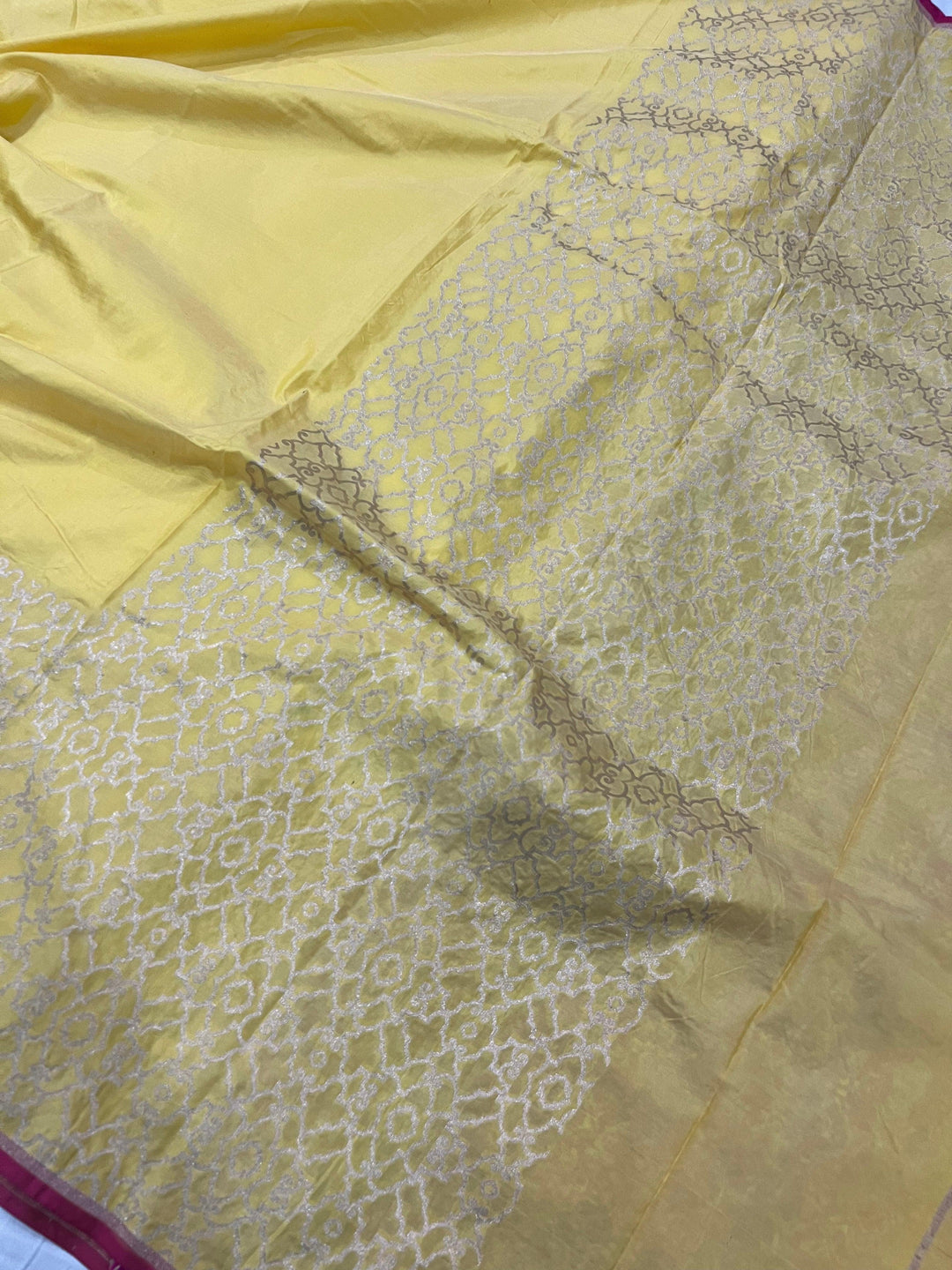 Light Yellow Pure Banarasi Handloom Katan Silk Saree - Aura Benaras