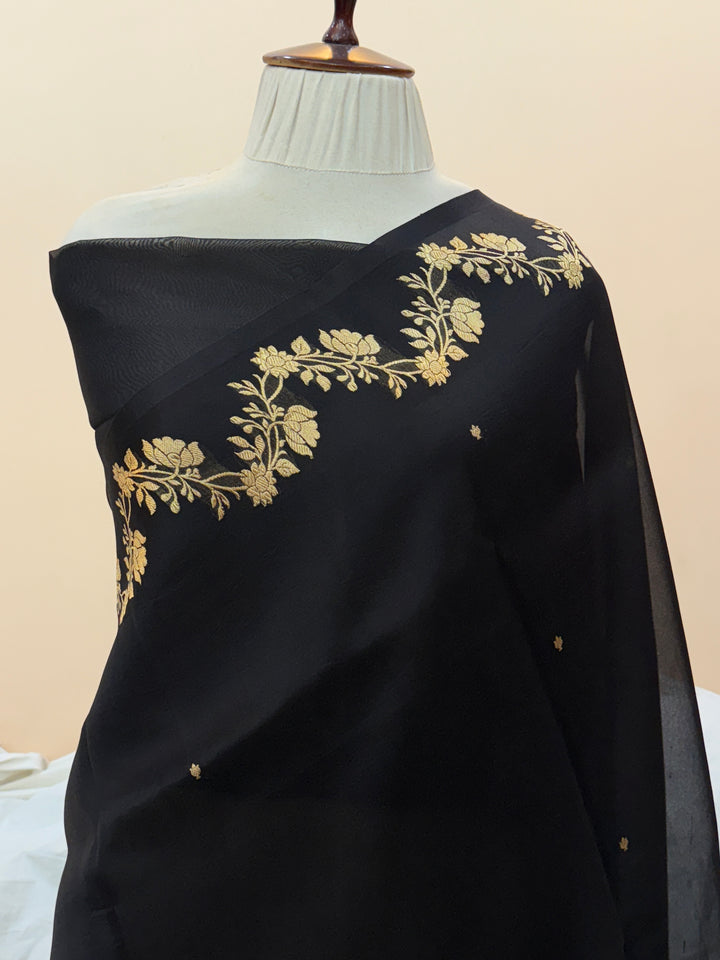Pre Order :: Black Pure Kora Silk Handloom Banarasi Saree