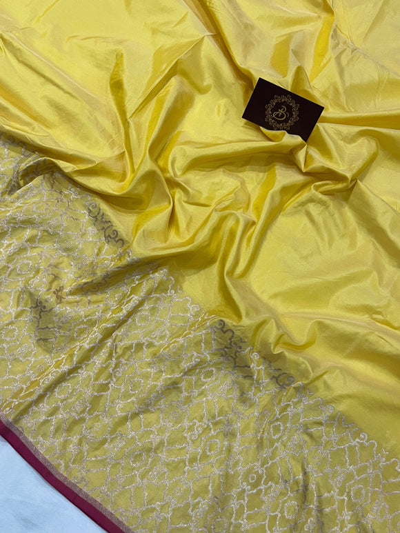 Light Yellow Pure Banarasi Handloom Katan Silk Saree - Aura Benaras