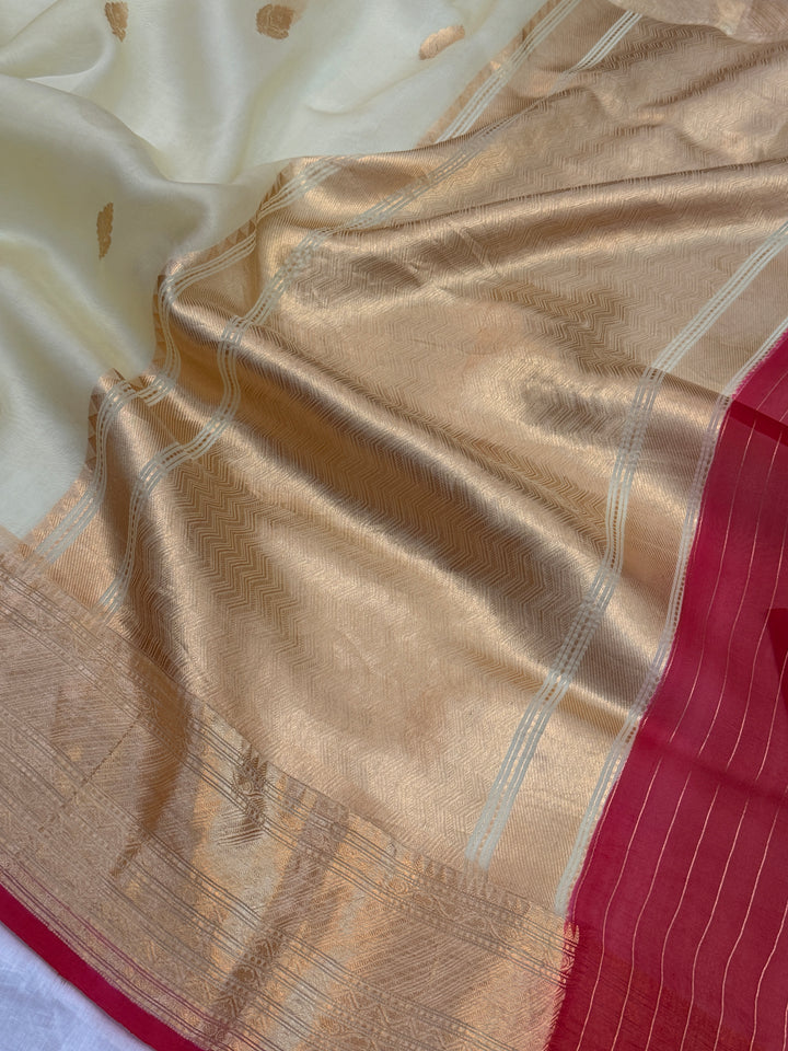 Off White Pure Banarasi Handloom Kora Silk Saree