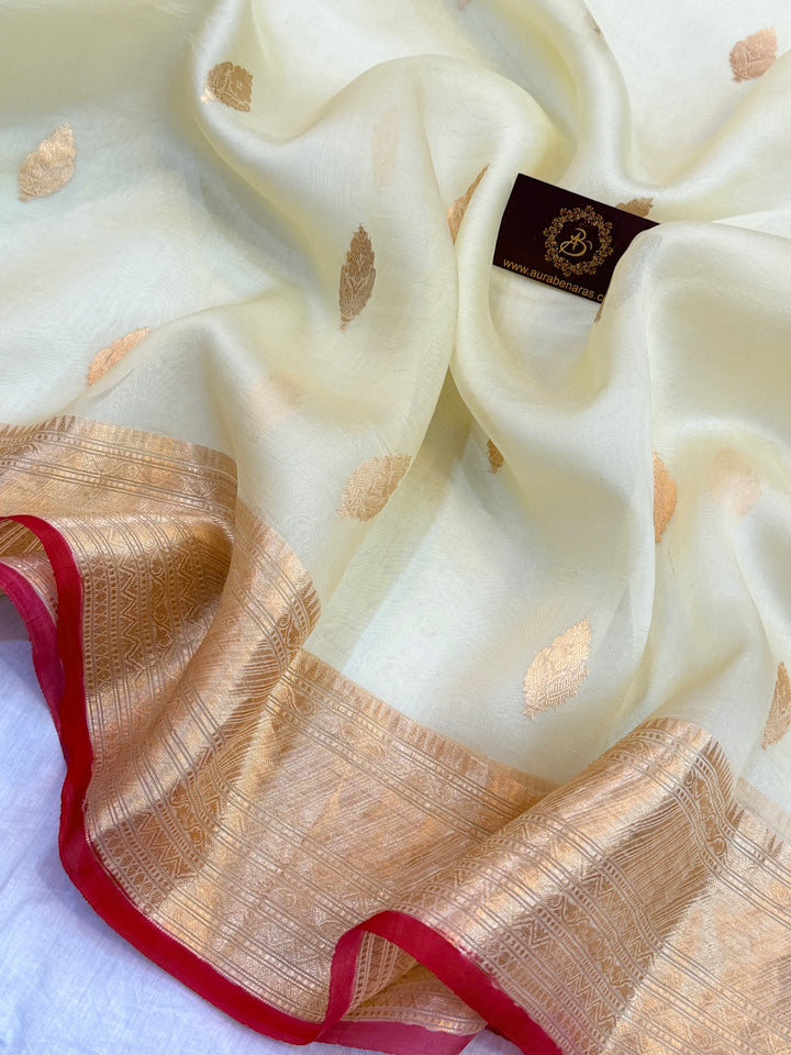 Off White Pure Banarasi Handloom Kora Silk Saree