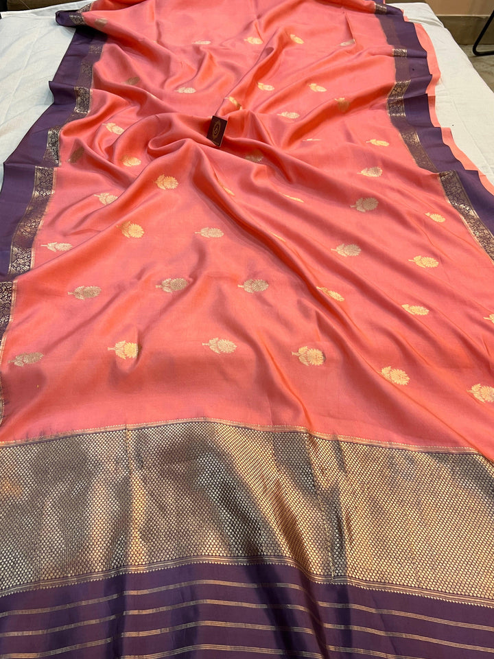 Pure silk handloom Banarasi saree with golden zari Kadhwa butas and contrast Mashru silk borders