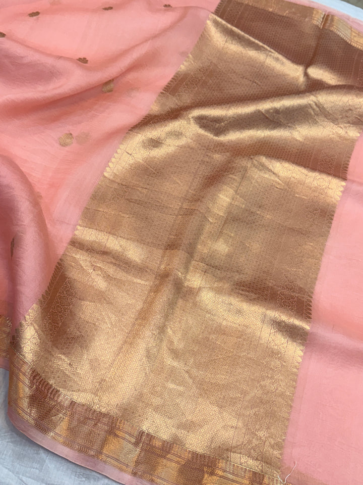 Pastel Peach Pure Kora Silk Handloom Banarasi Saree