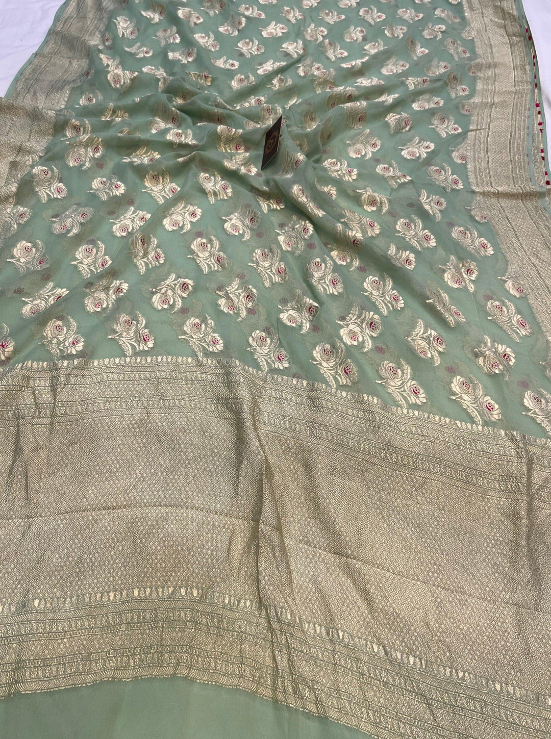 Pista Green Banarasi Khaddi Georgette Saree - Aura Benaras