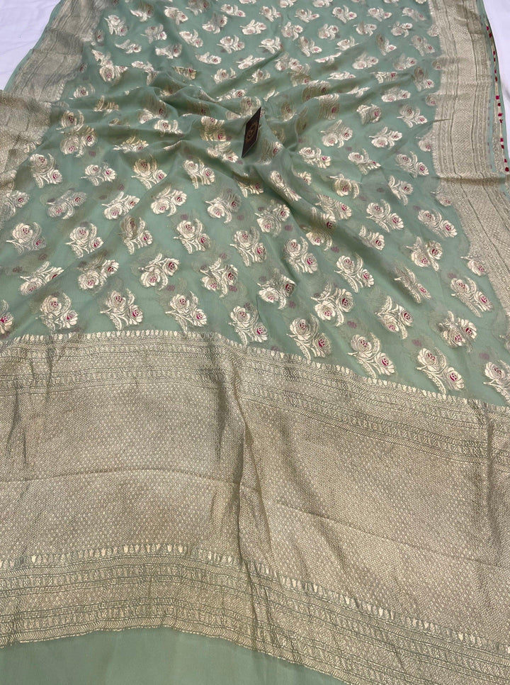 Pista Green Banarasi Khaddi Georgette Saree - Aura Benaras
