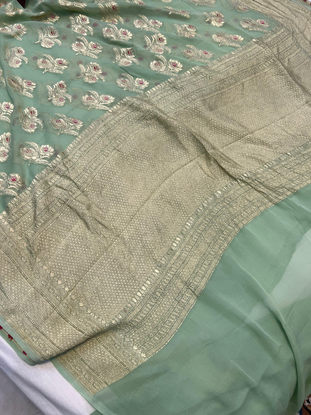 Pista Green Banarasi Khaddi Georgette Saree - Aura Benaras