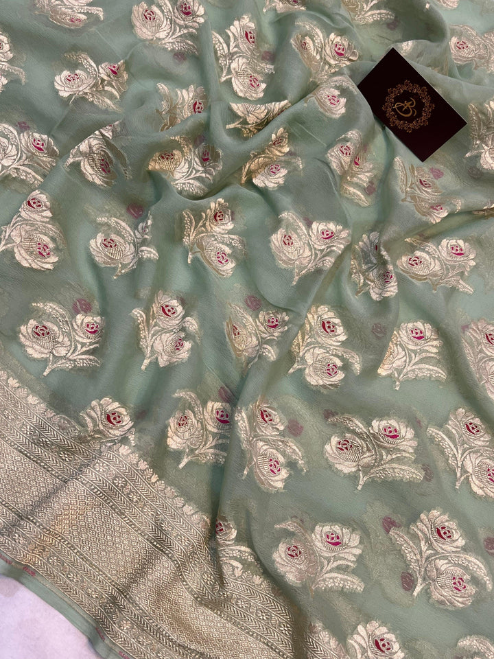 Pista Green Banarasi Khaddi Georgette Saree - Aura Benaras